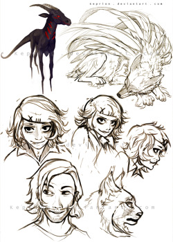 keprion:  sketches of Juzzou, my feonix, a demon goat, Jared,