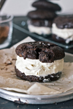 sweetoothgirl:  Salted Chocolate Diablo Cookie Ice Cream Sandwiches