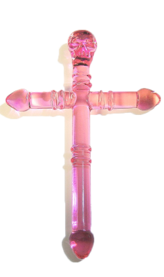 transphat: Pink pyrex glass cross dildo with alpha transparency.