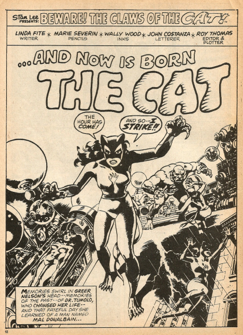 Splash page from Beware! The Claws of The Cat!. Art by Marie Severin and Wally Wood. From The Super-Heroes No.32 (Marvel Comics, 1975). From a car boot sale in Nottingham.