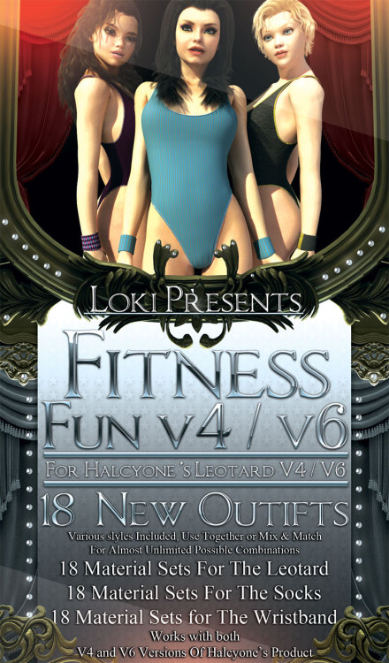 Fitness Fun V4/V6 is a brand new materials pack for Halcyone’s Leotard  V4 & Halcyone’s Leotard V6 by Loki! With this pack you’ll get 18  full Material Sets for The Leotard, Wristband and Socks. Each of the  Material Files have uniqu