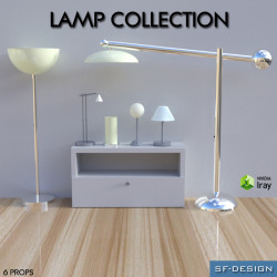 Need some lamps? From floor lamps to table lamps, there is for everyone something included. Created by SFD and 25% off until 2/14/2016!  	What&rsquo;s included:  	- 6 lamp props  	- 6 Iray Mats  	- 6 3Delight MatsThis works in Daz Studio 9 and up! Get