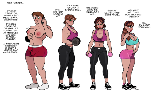 blogshirtboy:  I started the sketch for this months ago and then forgot about it! Conveniently comes in two pages in case you like your muscle growth without TG or if you like your TG without muscle growth!  BSB why you do this to me!! I’ve wanted to