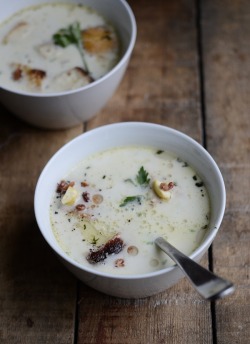manchannel:  Parsley root chestnut soup with bacon relish and