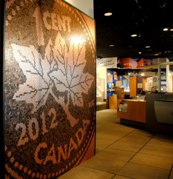 Canada is penniless (display at the Royal Canadian Mint of 16,500 pennies commemorating the discontinuance of that humble coin)