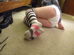 Hoodie, diaper, and striped over-the-knee sox!