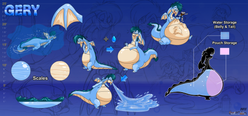 scottcalico:GeryHeight: 21’ 4” Weight: ~9200 lbs Age: 16 Amphibious Water Dragon A very sociable bouncy water balloon that calls himself a dragon. He  likes to wander, explore, and make new friends. He’s as dumb as he is  clumsy, and after bumping