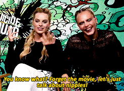 margotsrobbie:  Cara and nipples   Margot Robbie and Cara Delevingne “Suicide Squad” interviewMore videos: funniest interviews and attractive member