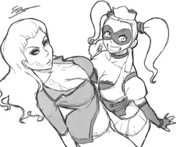 liquidxlead:  BW sketch commission of Harley Quinn & Poison