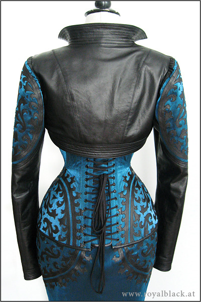 opulentdesigns:  Ensemble “Blue Blood” Historically inspired couture ensemble, made from soft black leather and intense blue lamé.This outfit consists of an S curve underbust corset, matching bra, a fishtail skirt and leather bolero jacket.All items