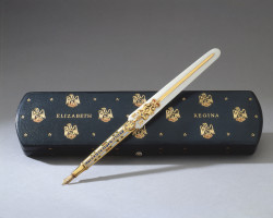 longliveroyalty:  Gold enameled and jeweled ivory pen used by