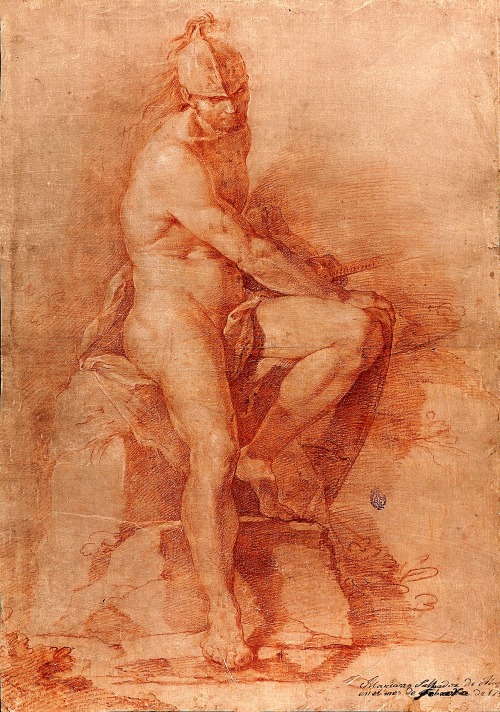 hadrian6:  Study of Seated Nude Male with Helmet and Sword. 1758.