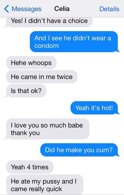 hotwifetextpic2hubby:  PART 1 Celia text - Donâ€™t know if I trust 100% the validity of this text but if itâ€™s legit holy $hit it is hot!! This is how every husband cool with the hotwife scene hopes it goes down for him and his lady. Good pics, no gaps,