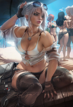 sakimichan:  My take on #Ciri from #witcher in modern beach day
