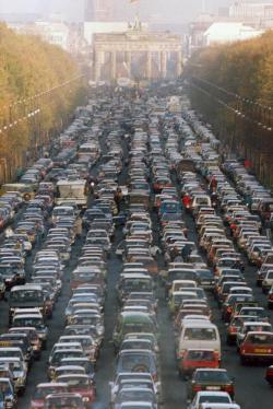 Traffic Jam near the Brandenburg Gate as thousands of East Germans