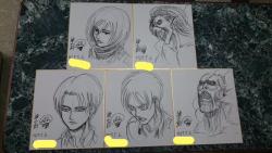 Recent sketches of Mikasa, Rogue Titan, Levi, Eren, and Colossal