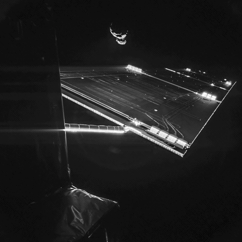 spaceexp:  This is a real picture of Rosetta with its comet in the background!  Truly amazing what science can do. This image was done by Rosetta, photographic a comet flying by. I hope that one day astronauts will make photos like that instead of Robots.