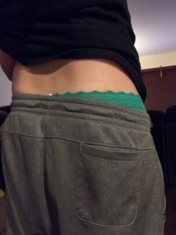 wifies-panties:  Happy st. Patrick’s Day….. didn’t have my own green underwear so had to borrow the wife’s for the day!