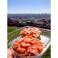 Smoked salmon & cream cheese on bagel & the view of Long