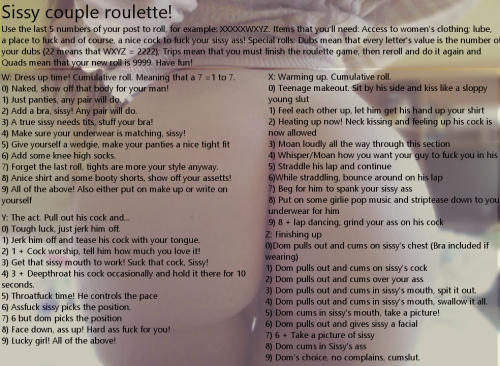 Thought that a lot of the couple roulettes guarantee sex, just thought that I’d make one that puts more of a chance on sex actually happening. -Anonymous