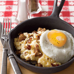 in-my-mouth:  Sausage and Cheddar Grits with Fried Eggs