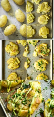 foodffs:  Crispy Smashed Potatoes with Avocado Garlic Aioli 