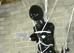 rubberdollowner:  http://rubberdollowner.tumblr.com This is a visual masterpiece of whimsy & serious suspension play.  The devil is in the details, the inflatable hood & plug with the posture collar, The white ropes that are used to highlight