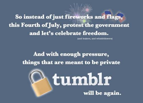 punkqueer:  TAKE ACTION Post to your Facebook & Twitter: https://www.thunderclap.it/projects/2594-july-4th-protest-nsa-spying Protest on July 4th: http://www.RestoreTheFourth.net Find out about other actions: http://CallForFreedom.org 