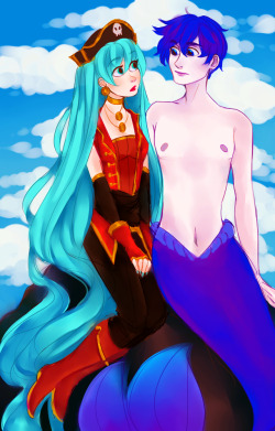 leandraamell:  pirate!miku/merman!kaito doodle