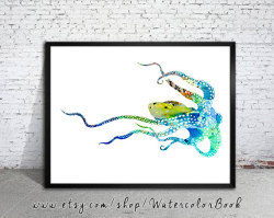 canvaspaintings:  Blue Octopus Watercolor Print, watercolor painting,