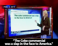 sandandglass:  Insane people get angry about a Coke ad in which