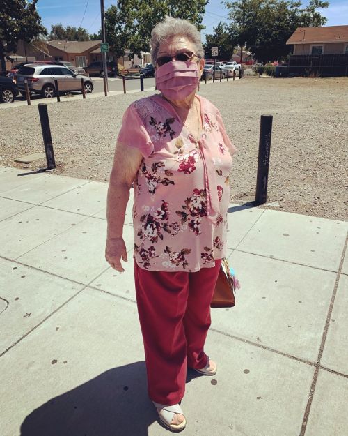 Mom is sporting the perfectly matched mask/top/pant combo. Love