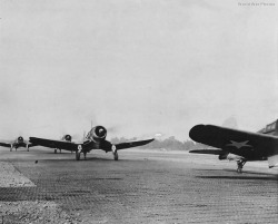 usaac-official:  F4U-1As of VMF-124 taxi down the runway at Henderson