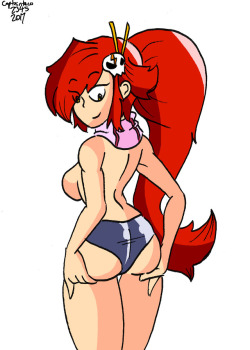 Yoko Littner pushing up her butt.