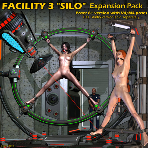 Specialized  and ultra-modern restraints and tools to add to your collection.   Includes 3 new restraints, “dildo station” and giant death ray probe.   Fits in perfectly with the Facility 3 Silo Core Pack or as a  stand-alone. Compatible