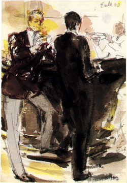   Bill Blass and Niki de Gunzburg at the Ritz bar, illustrated