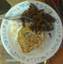 Over easy fried egg over sticky white rice with a side of pulled