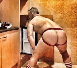 itsbrentmania:Fridge raiding in a jock and socks obviously I