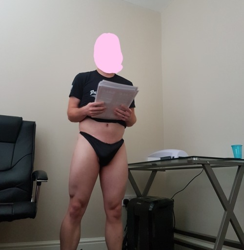 alleriainpanties:  Doing some laminating at work #pantyboy #meninpanties #crossdresser #hardcock #alleriainpanties