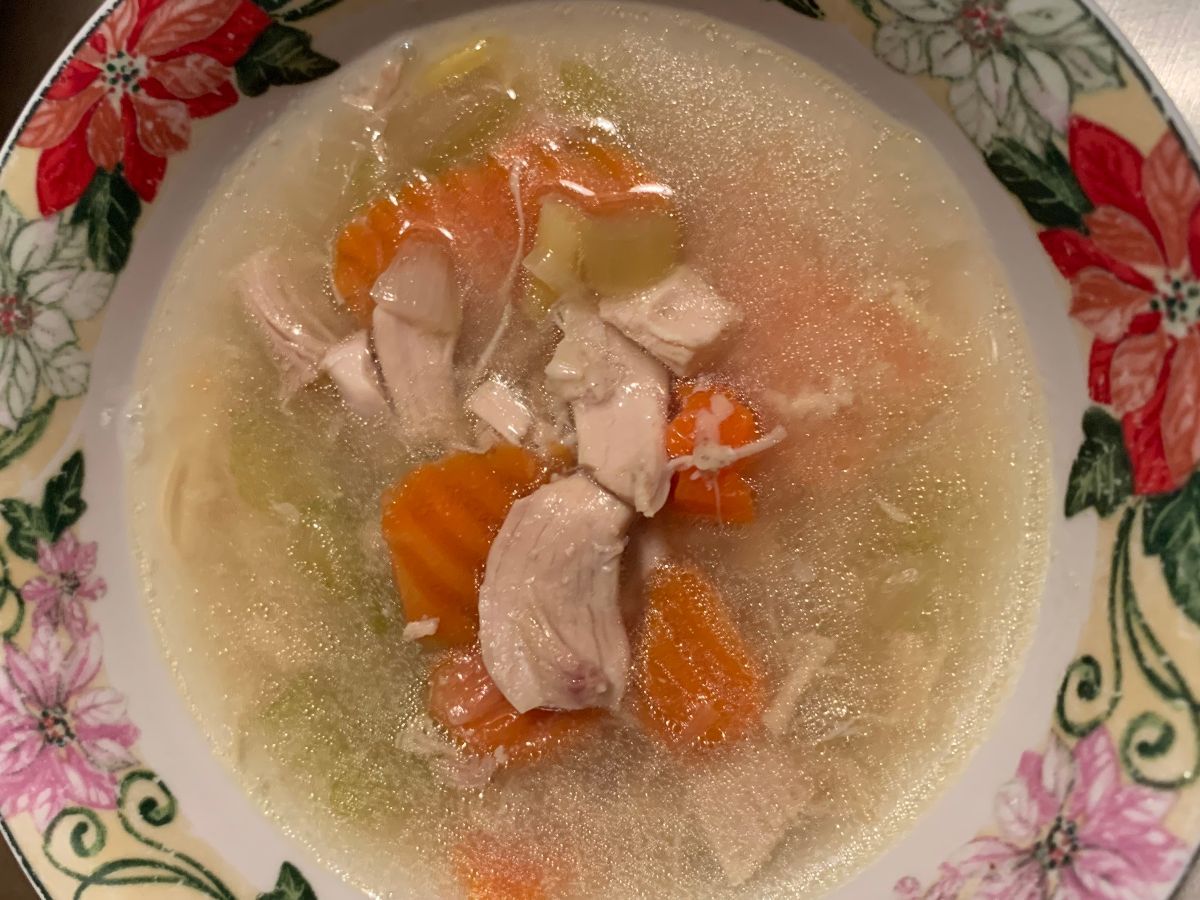 <p><b>Chicken Soup</b></p><p>Bring 4 Chicken Thighs and 10 c. Water to a boil - then cook on medium low for 75 minutes.  Remove bones & skin.  Cut up the chicken and re-add the chicken to the water.</p><p>Then add: 3 Tbsp. Better than Bouillon Roasted Chicken Base, 2 c. carrot slices, 1 c. small pieces of celery and one chopped onion.  Cook on medium low another 75 minutes.</p><p><a href="https://likatu1.tumblr.com/tagged/chicken-soup">chicken soup</a></p>