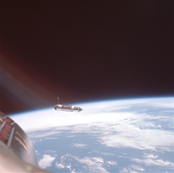humanoidhistory:  High above Earth, the Agena target vehicle