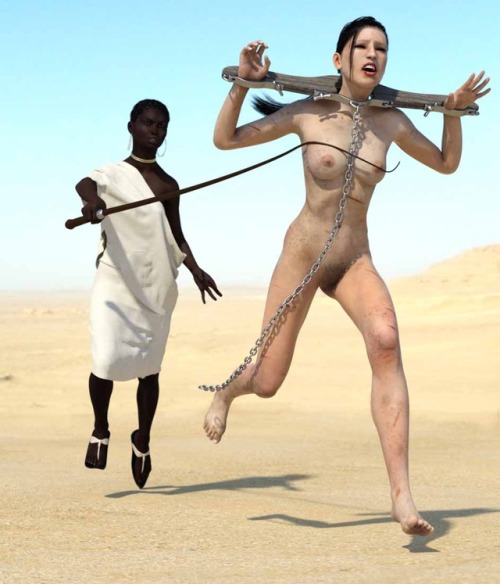 darkrecesses59:  Another white European girl put in her place by a black African Queen. The white girl is kept nude and bound, led around by a chain like the bitch she is. Whip marks and filthy sweat cover her naked flesh as she runs barefoot across the