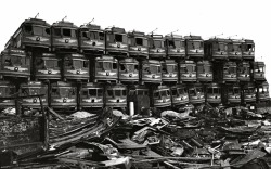 Pacific Electric Railway streetcars stacked at a junkyard on