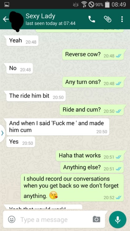 hotwifesextext:  1 of 4  This is a WhatsApp conversation between my woman, who has a regular fuck buddy, and myself.   We gave a game we play, where she gets a points target and challenges, to do by the end of the year. Various points are given for differ