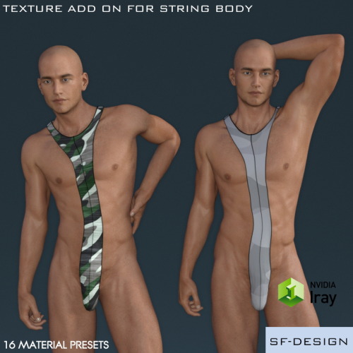 Now you can add textures to you String Body!  8 new textures for RedlightZZ’s String Body for Genesis 3 Males. 16 new material presets included (8 Iray and 8 3Delight mats)!  This item is also 25% off until 4/17/2016! Ready for Daz Studio 4.8 and