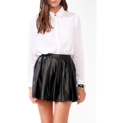 high-collared shirt, high-waist skirt. Always a winner.