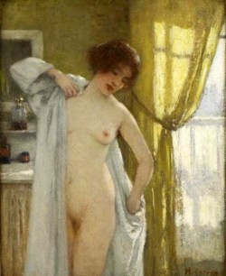 artbeautypaintings:  Nude in a room with yellow curtains - Henri