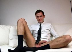 malesoxlover:  white couch, white shirt, black tie, black socks