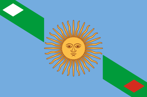 Here’s the breakdown: The background is the blue from the Argentinian flag. The stripe is a point to the Argentinian flag as well but the green is from the Brazilian flag. The sun in the middle is from the Argentinian flag. The two diamonds are