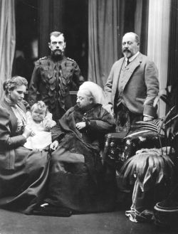 Queen Victoria and Tsar Nicholas II in Balmoral castle, 1896. Also present are Tsarina Alexandra Fedorovna, Grand Duchess Olga, and Edward, Prince of Wales. 